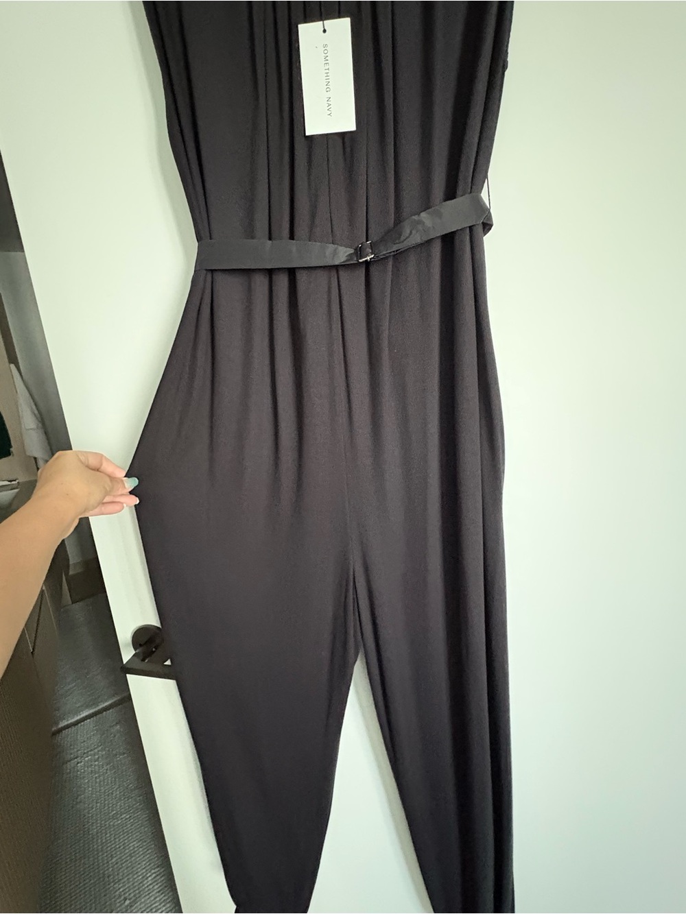 Something Navy Nikki Black Sleeveless Jumpsuit with Waist Bow - Picture 8 of 15